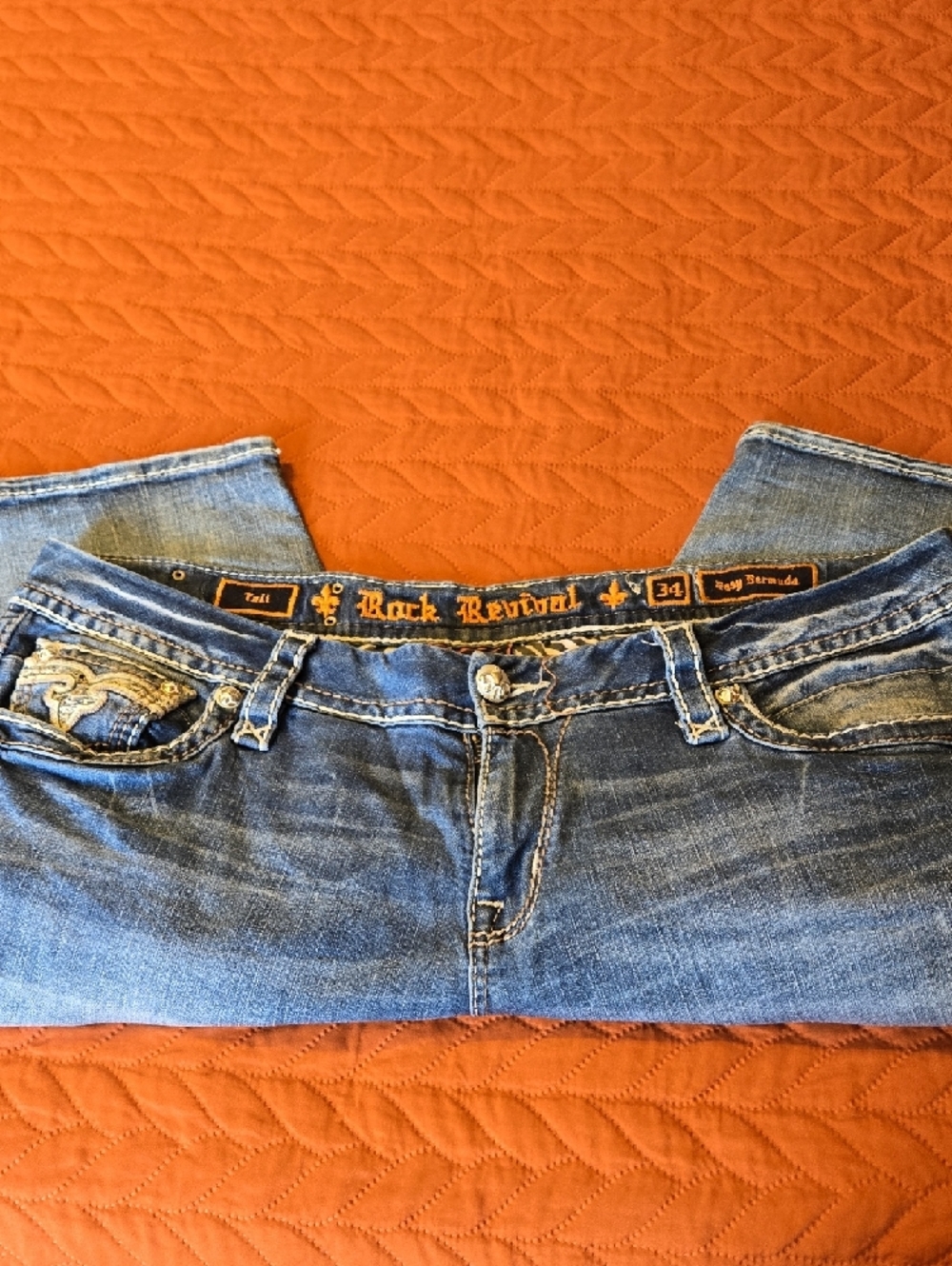 Rock Revival Embroidered Waistband Denim Shorts - Orange Accent - Picture 3 of 4